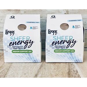 NWT 2 Pack L'eggs NUDE Q Sheer Energy Control Top Panty Compression Med Support